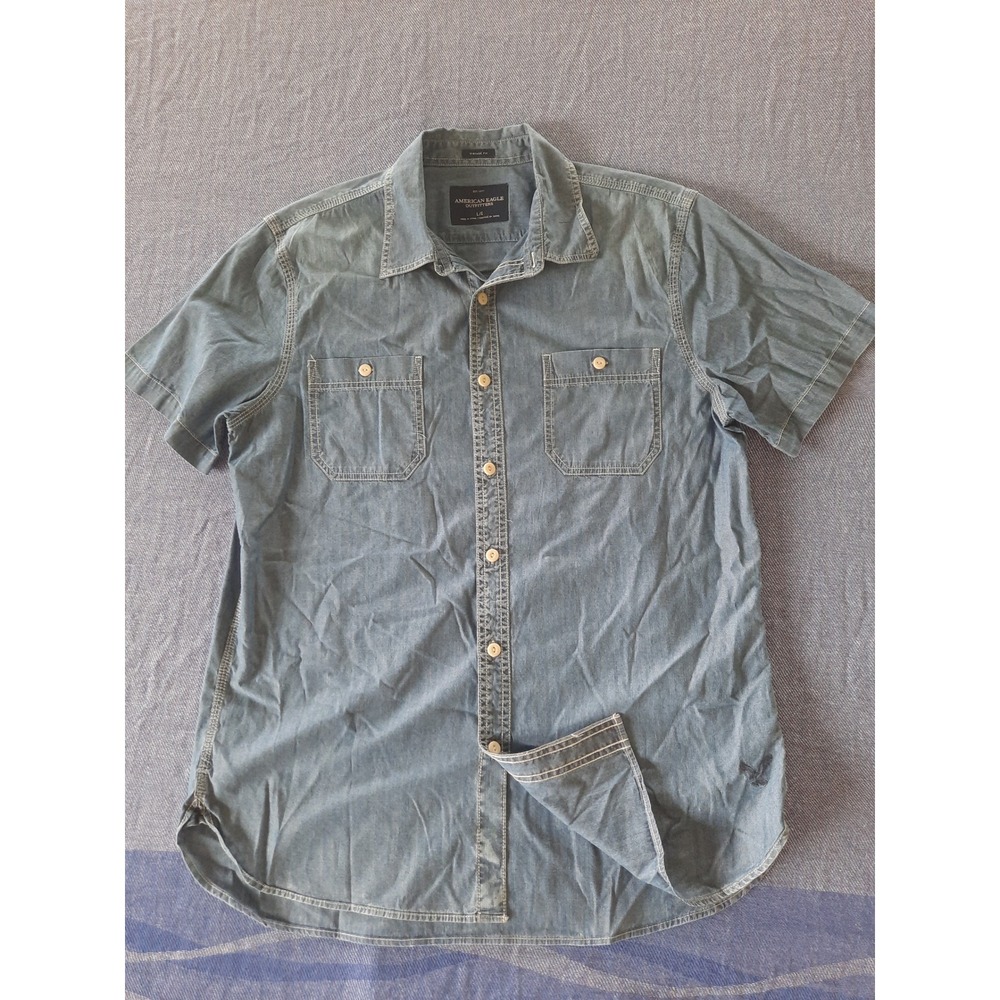 American Eagle Mens Vintage Fit Short Sleeve Denim Chambray Button Down Shirt L